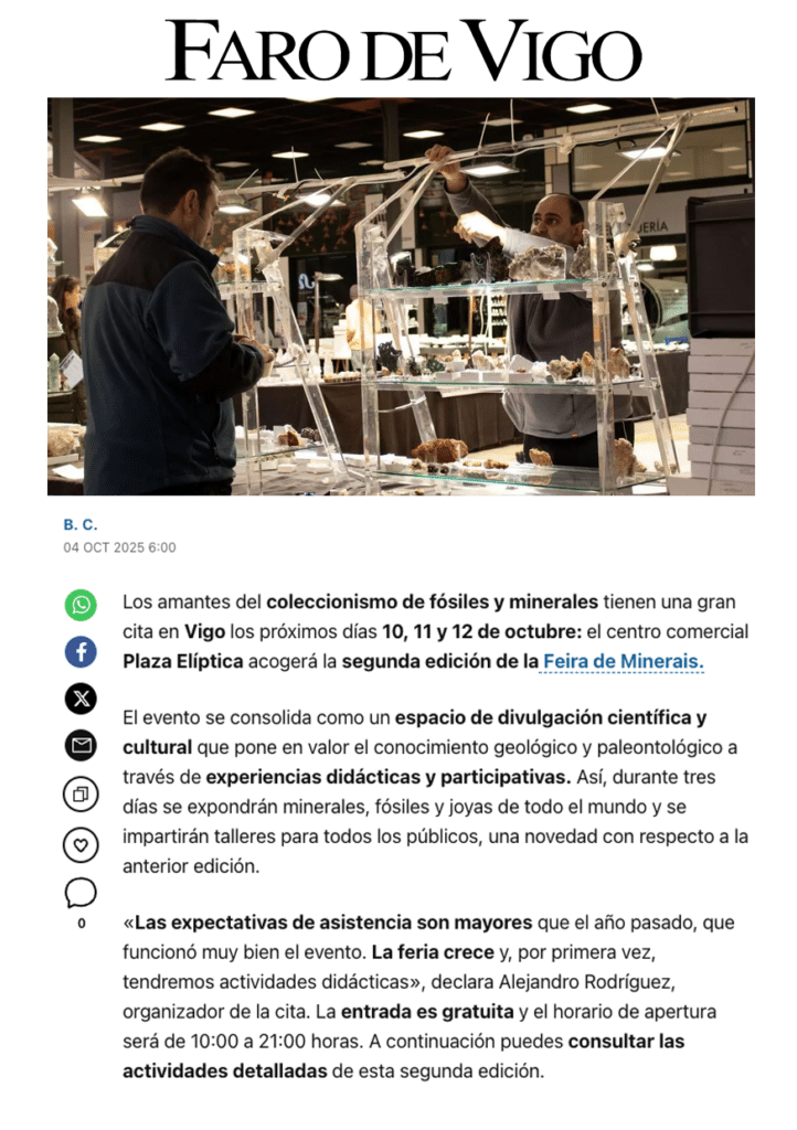 La Feira de Minerais de Vigo regresa a la Plaza Elíptica del 10 al 12 de octubre con más expositores y talleres variados